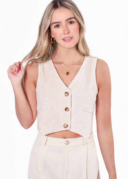 Chaleco corto de corduroy tipo sastre y con botones color beige para mujer - Flashy