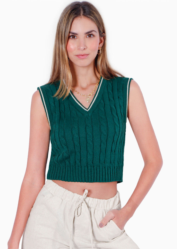 Chaleco corto tejido con sesgos en contraste color verde para mujer - Flashy