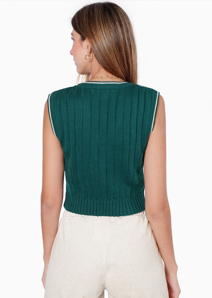 Chaleco corto tejido con sesgos en contraste color verde para mujer - Flashy