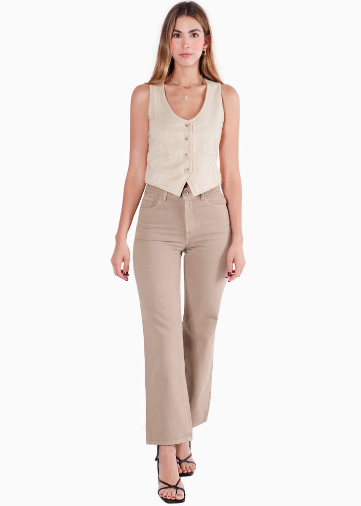 Chaleco de botones tipo gamuza color beige para mujer - Flashy