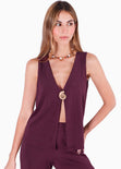 Chaleco largo tejido con boton color marfil, blanco para mujer - Flashy
