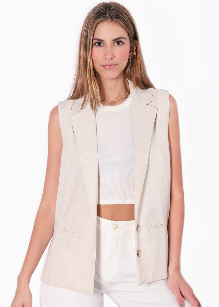Chaleco largo tipo lino color beige para mujer - Flashy