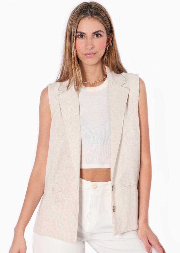 Chaleco largo tipo lino color beige para mujer - Flashy