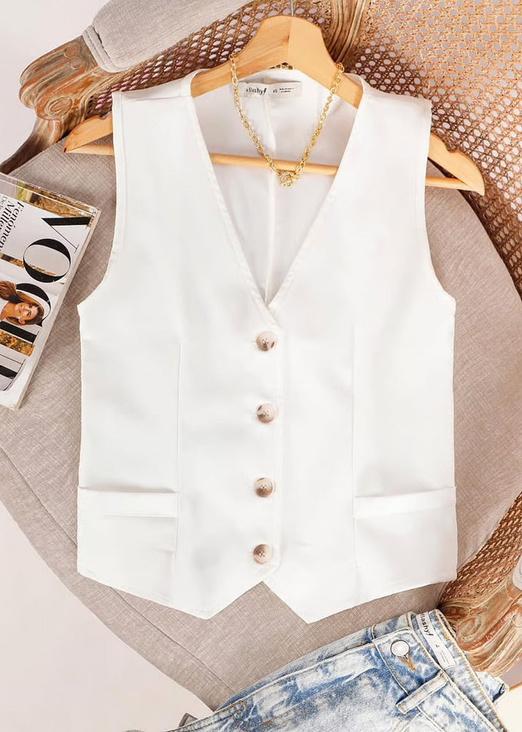 Chaleco tipo sastre con botones color blanco, marfil para mujer - Flashy