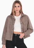 Chaqueta de cuadros con botones color café para mujer - Flashy