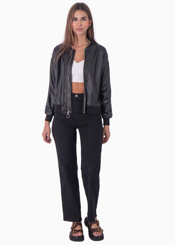 Chaqueta bomber tipo cuero color negro para mujer - Flashy