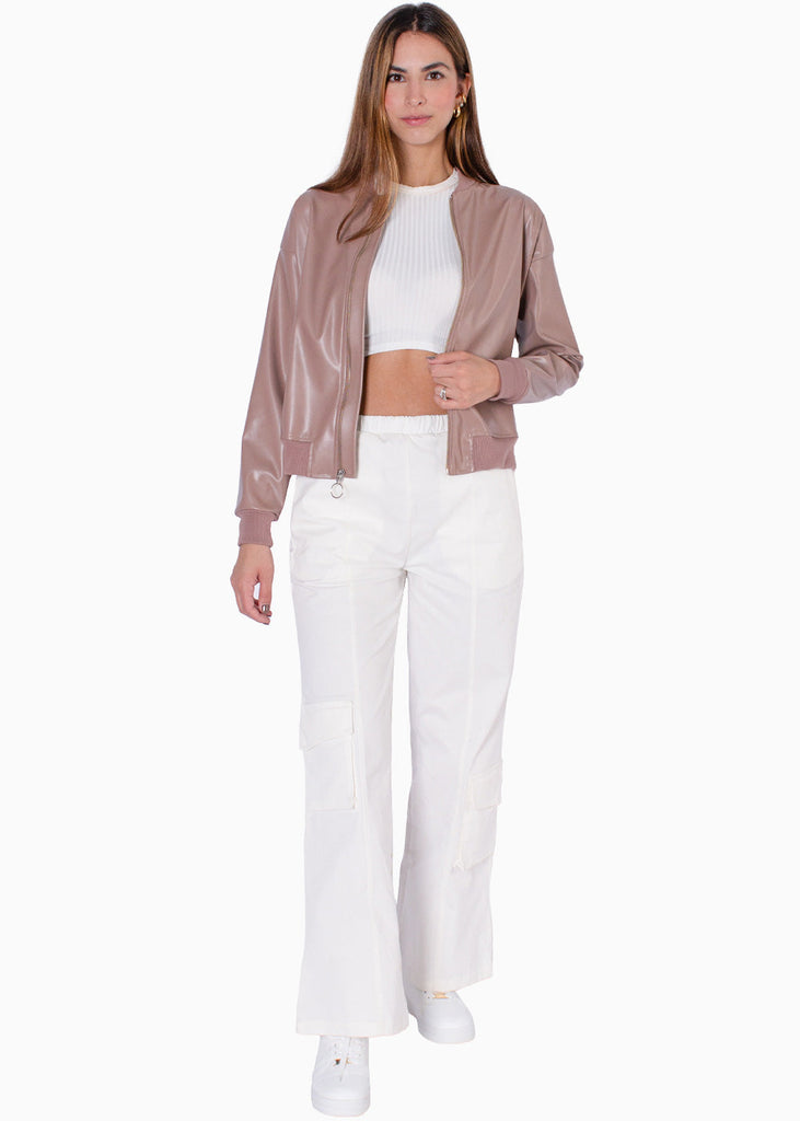 Chaqueta bomber tipo cuero color café para mujer - Flashy