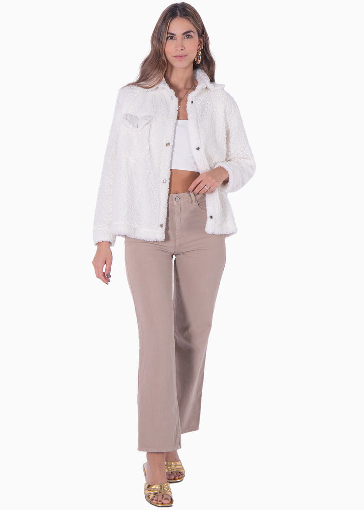 Chaqueta de botones con pelo sintético color blanco, marfil para mujer - Flashy