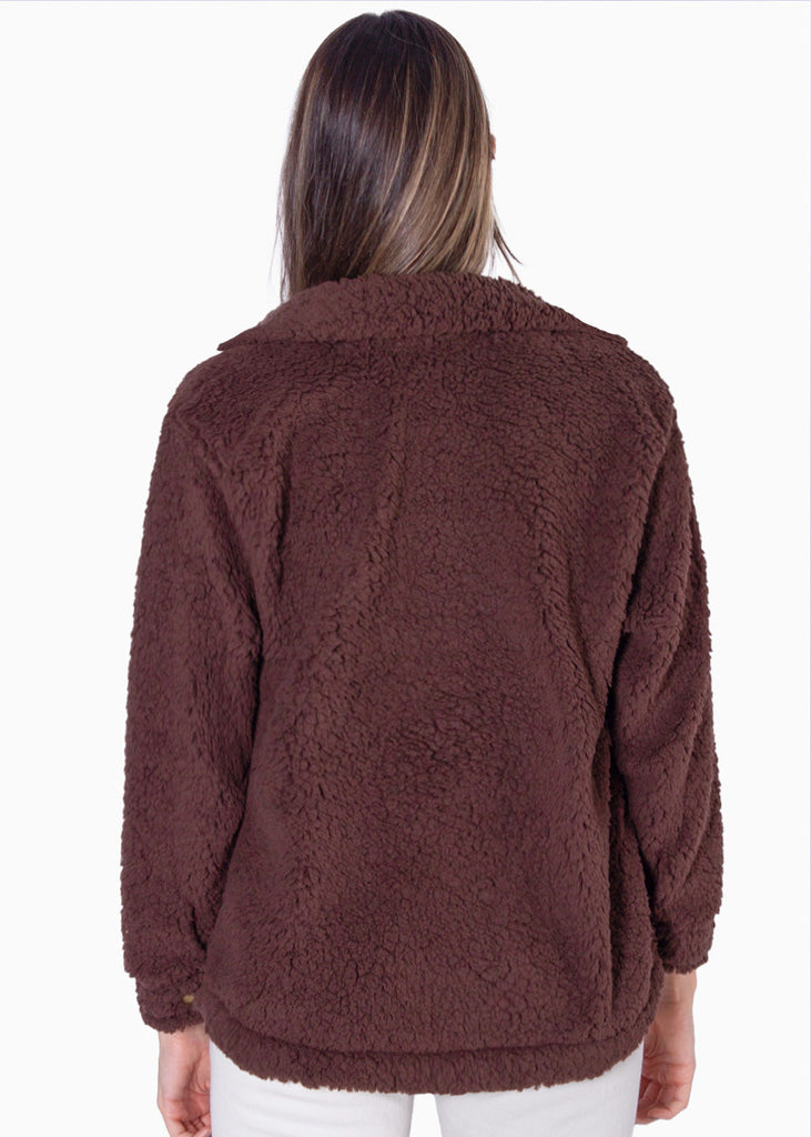 Chaqueta de botones con pelo sintético color café para mujer - Flashy