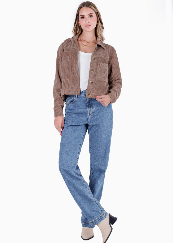 Chaqueta de corduroy con bolsillos y botones color café para mujer - Flashy