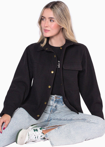 Chaqueta de tela tipo paño con botones color negro para mujer - Flashy