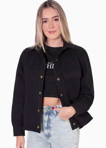 Chaqueta de tela tipo paño con botones color negro para mujer - Flashy