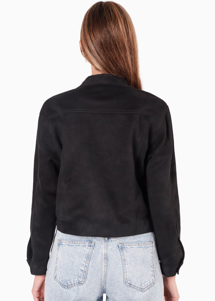 Chaqueta en tela tipo gamuza con bolsillos y cierre color negro para mujer - Flashy