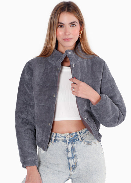 Chaqueta puffer de corduroy color gris para mujer - Flashy