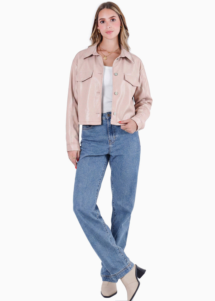 Chaqueta tipo cuero con bolsillos y cuello - ALINA.BEIGE