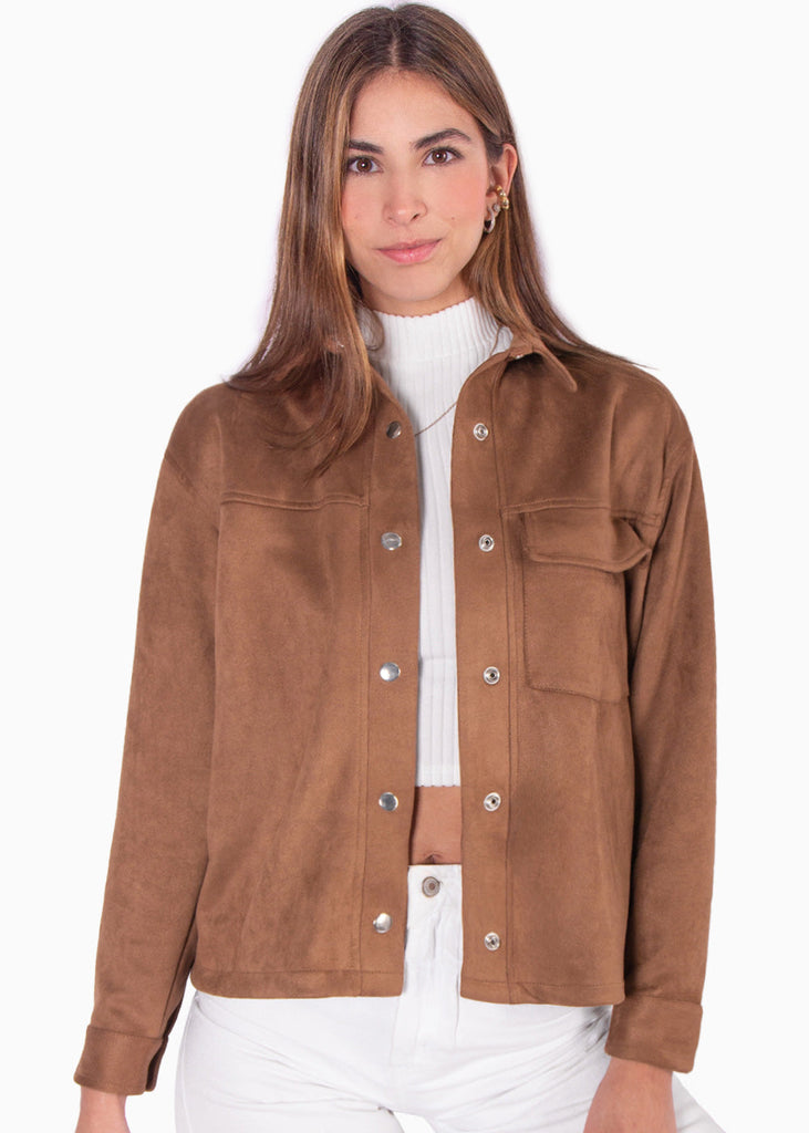 Chaqueta tipo gamuza con bolsillo y botones color café para mujer - Flashy