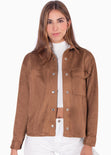 Chaqueta tipo gamuza con bolsillo y botones color café para mujer - Flashy