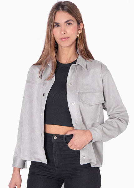 Chaqueta tipo gamuza con bolsillo y botones color gris para mujer - Flashy