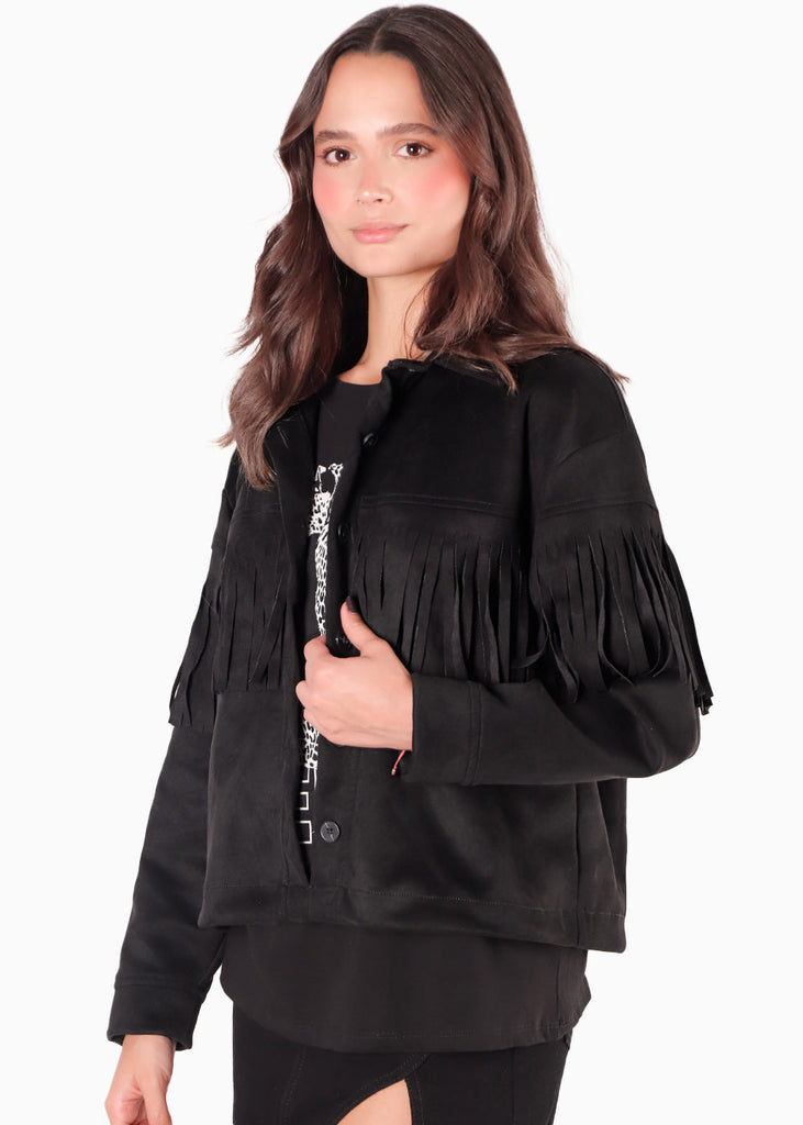 Chaqueta tipo gamuza con flecos y botones color negro para mujer - Flashy