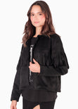 Chaqueta tipo gamuza con flecos y botones color negro para mujer - Flashy