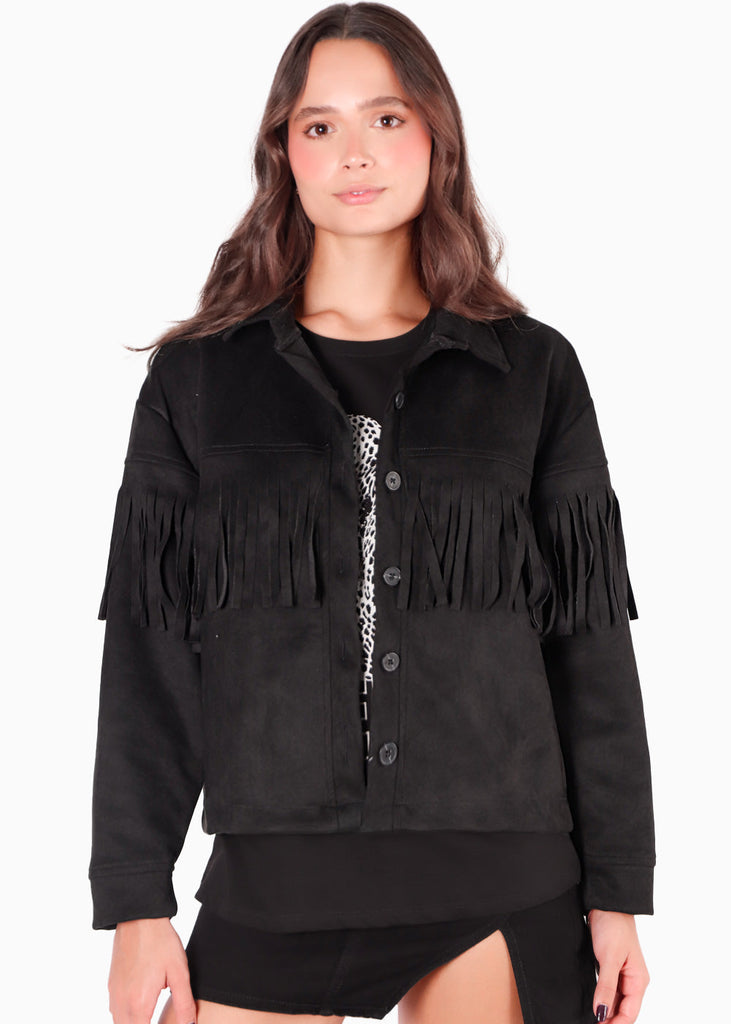 Chaqueta tipo gamuza con flecos y botones color negro para mujer - Flashy