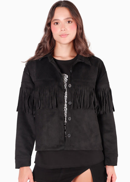 Chaqueta tipo gamuza con flecos y botones color negro para mujer - Flashy