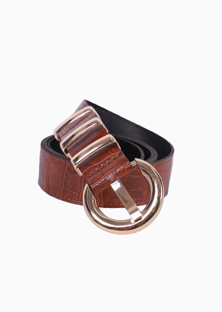Cinturón con textura de piel, hebilla redonda y herrajes color café para mujer - Flashy