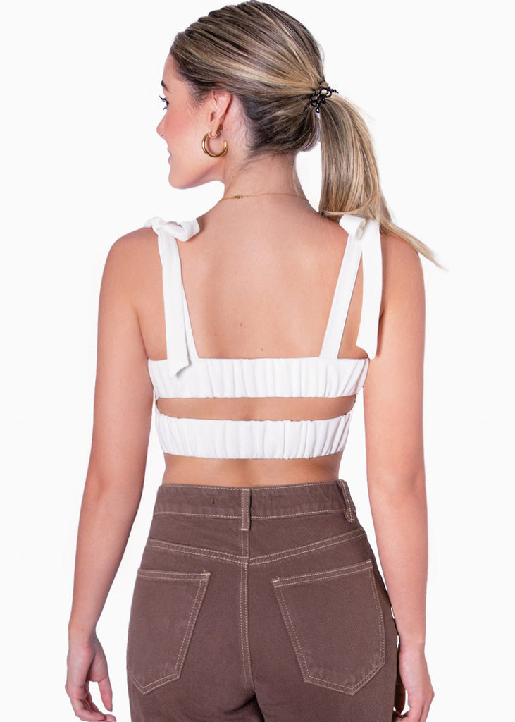 Crop top con anudados en tiras y elástico en espalda color marfil para mujer - Flashy