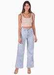 Crop top con anudados en tiras y escote cuadrado color beige para mujer - Flashy
