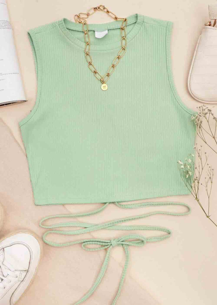 Crop top con cuello alto y anudados color verde para mujer - Flashy