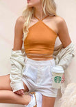 Crop top con cuello alto y anudados color camel para mujer - Flashy