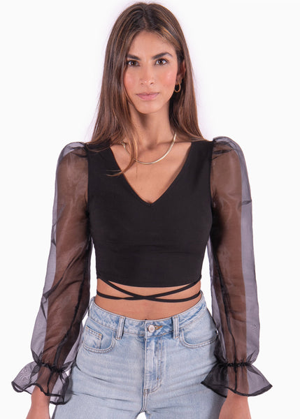 Crop top con cuello en v, mangas en transparencia y cruce en el abdomen color negro para mujer - Flashy