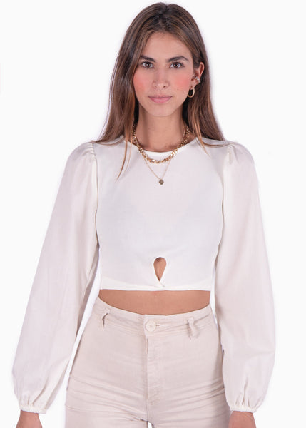 Crop top con entorchado y mangas abullonadas color blanco para mujer - Flashy