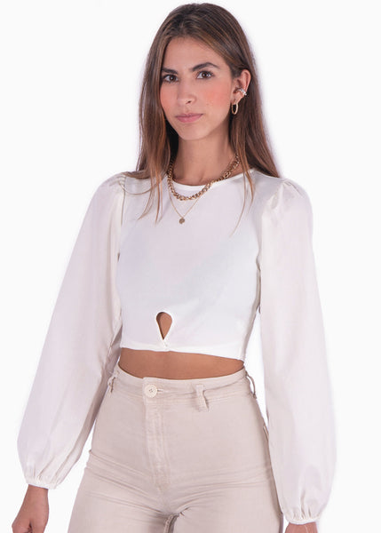 Crop top con entorchado y mangas abullonadas color blanco para mujer - Flashy