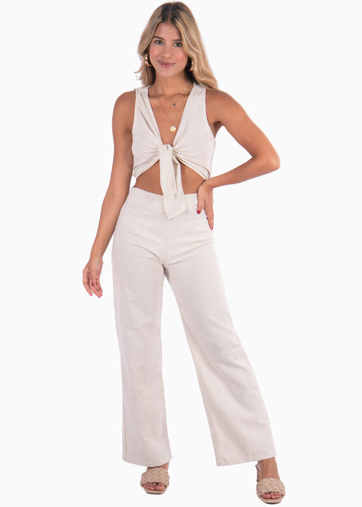 Crop top con escote anudado color beige para mujer - Flashy