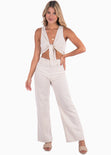 Crop top con escote anudado color beige para mujer - Flashy