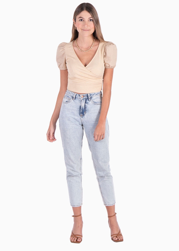 Crop top con escote cruzado y mangas abullonadas para mujer - Flashy