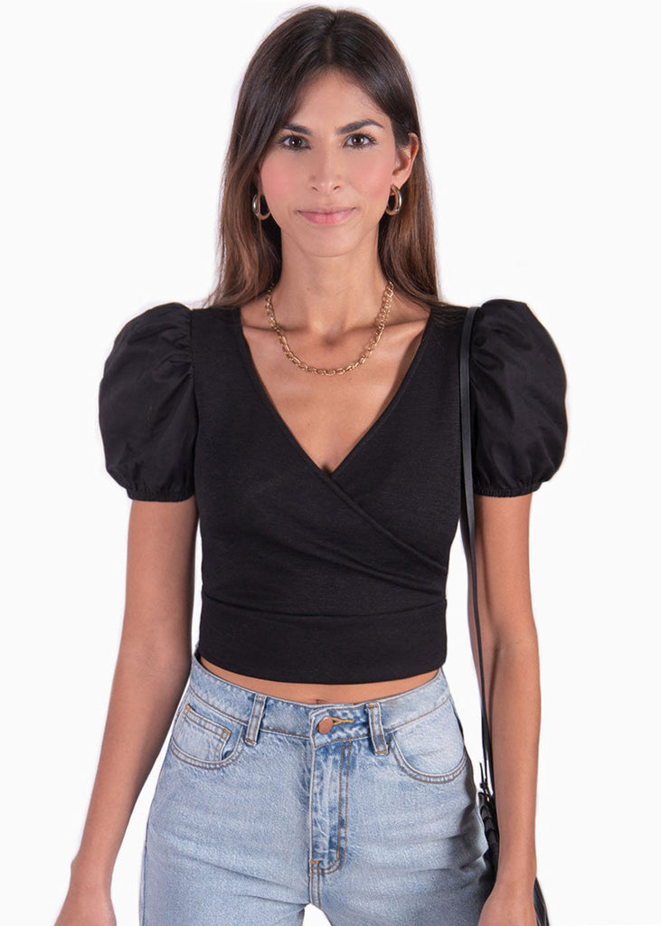 Crop top con escote cruzado y mangas abullonadas para mujer - Flashy