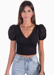 Crop top con escote cruzado y mangas abullonadas para mujer - Flashy
