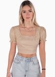 Crop top con escote cuadrado y anudado en la espalda color beige para mujer - Flashy