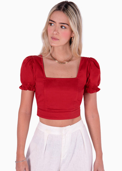 Crop top con escote cuadrado y anudado en la espalda color rojo para mujer - Flashy