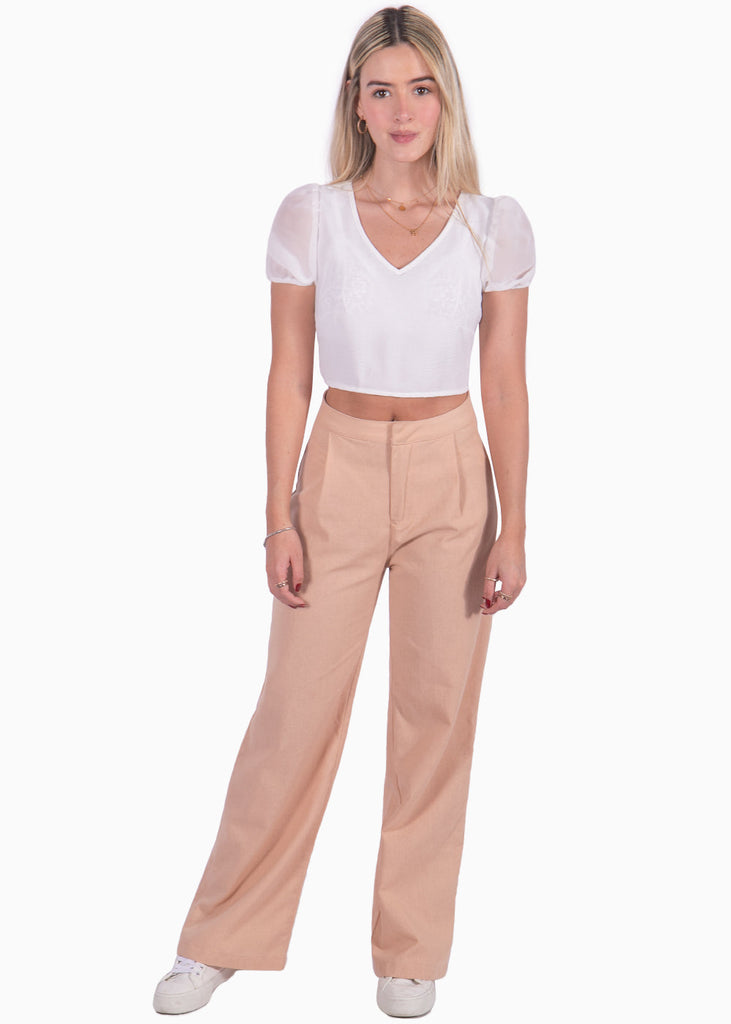Crop top con escote en v y mangas embombadas color blanco para mujer - Flashy