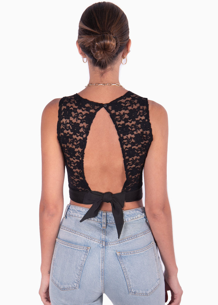 Crop top con espalda en encaje y anudado color negro para mujer - Flashy