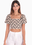 Crop top con estampado de puntos, mangas embombadas y escote cuadrado color beige para mujer - Flashy