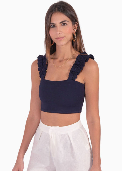 Crop top con recogido en tiras color azul para mujer - Flashy