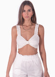Crop top con tiras de ruche y escote anudado color blanco, marfil para mujer - Flashy