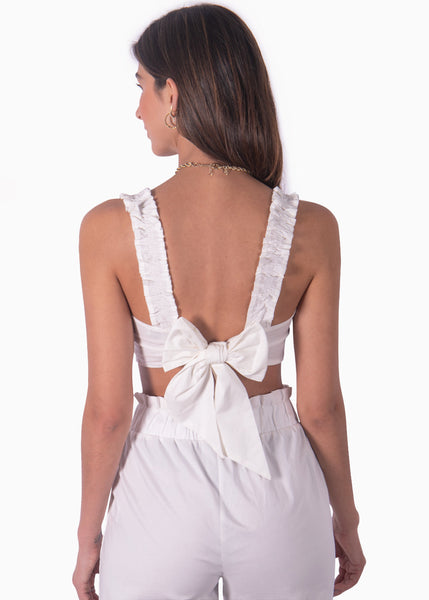 Crop top con tiras de ruche y escote anudado color blanco, marfil para mujer - Flashy