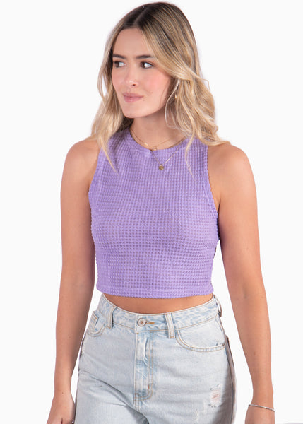 Crop top sin mangas color lila, morado para mujer - Flashy