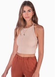 Crop top cuello halter de tiras color beige para mujer - Flashy