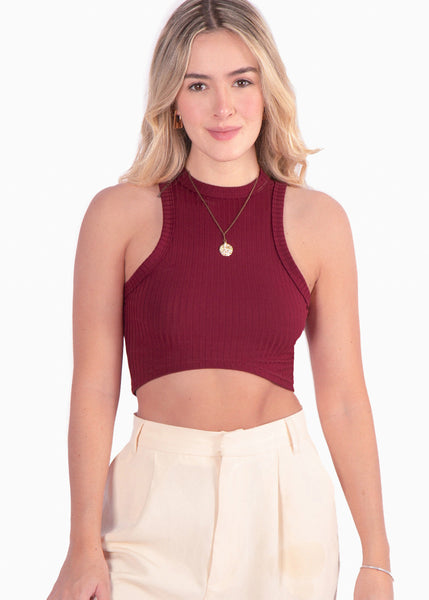 Crop top cuello halter sin mangas color vino para mujer - Flashy